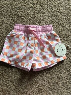 B49 Caden Lane NWT Pink & Peach Checkerboard Swim Shorts, 3-6
